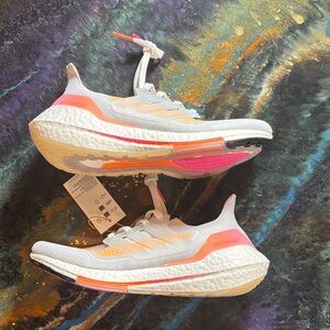 adidas White Running Sneakers with Pink & Orange Highlights